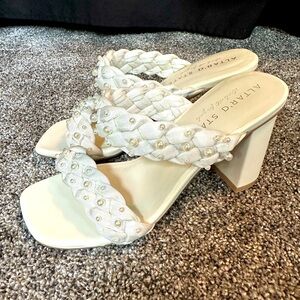 Altar’s State White Pearl Braided Block Heels